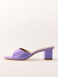 Reformation Shania Block Heel Sandals in Wisteria Cloudy Patent ~ shiny square toe mules ~ high shine purple mule sandal ~ women’s luxury shoes ~ luxe footwear