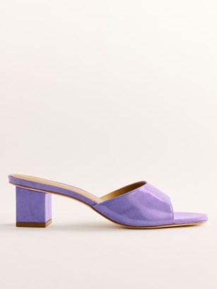 Reformation Shania Block Heel Sandals in Wisteria Cloudy Patent ~ shiny square toe mules ~ high shine purple mule sandal ~ women’s luxury shoes ~ luxe footwear - flipped