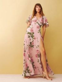 Reformation Shayla Dress in Rose Garden | angel sleeve maxi dresses | thigh high slit | floral occasion clothes | women’s floaty plunge front special event clothing | fit and flare | womens feminine fashion