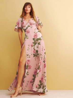 Reformation Shayla Dress in Rose Garden | angel sleeve maxi dresses | thigh high slit | floral occasion clothes | women’s floaty plunge front special event clothing | fit and flare | womens feminine fashion - flipped