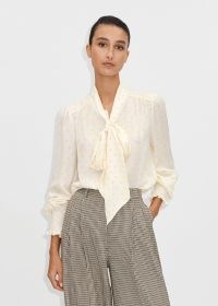 ME and EM Silk Polka Dot Pussybow Blouse in Light Cream/Yellow / women’s luxury fashion / spot print blouses