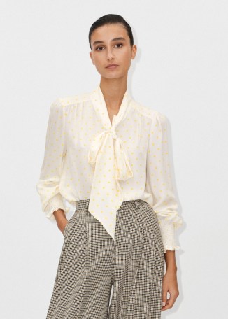 ME and EM Silk Polka Dot Pussybow Blouse in Light Cream/Yellow / women’s luxury fashion / spot print blouses - flipped