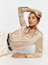 Reformation Sky Relaxed Silk Top in Sand ~ women’s silky collared tops ~ womens luxe shirts ~ luxury clothes