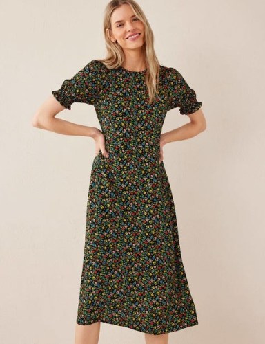 Boden Smocked Sleeve Bias Dress in Black, Petal Foliage | floral print puff sleeved midi dresses | women’s clothing - flipped