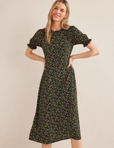 Boden Smocked Sleeve Bias Dress in Black, Petal Foliage | floral print puff sleeved midi dresses | women’s clothing