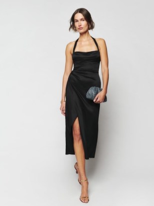 Reformation Solana Satin Dress in Black ~ halter LBD ~ halterneck occasion dresses ~ glamorous evening fashion ~ women’s luxury special event clothes ~ party glamour - flipped