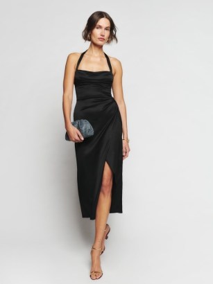 Reformation Solana Satin Dress in Black ~ halter LBD ~ halterneck occasion dresses ~ glamorous evening fashion ~ women’s luxury special event clothes ~ party glamour