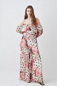 Karen Millen Spot Floral Chiffon Bardot Wide Leg Jumpsuit in Ivory / printed off the shoulder jumpsuits / women’s occasion clothing / womens all-in-one party fashion