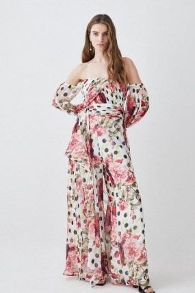 Karen Millen Spot Floral Chiffon Bardot Wide Leg Jumpsuit in Ivory / printed off the shoulder jumpsuits / women’s occasion clothing / womens all-in-one party fashion