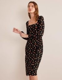 Boden Square Neck Jersey Midi Dress in Black, Dainty Sprig / long sleeve side ruched dresses / womens floral clothes