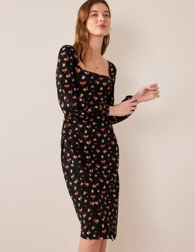 Boden Square Neck Jersey Midi Dress in Black, Dainty Sprig / long sleeve side ruched dresses / womens floral clothes - flipped