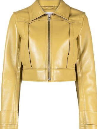 STAND STUDIO faux-leather cropped jacket in chartreuse ~ women’s collared crop hem jackets - flipped