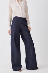 Karen Millen Tailored Denim Button Detail Wide Leg Trousers | women’s smart dark blue jeans