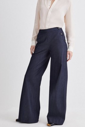Karen Millen Tailored Denim Button Detail Wide Leg Trousers | women’s smart dark blue jeans - flipped