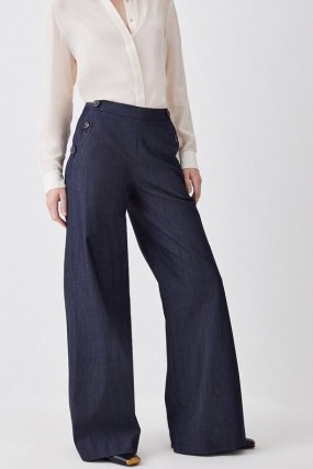Karen Millen Tailored Denim Button Detail Wide Leg Trousers | women’s smart dark blue jeans