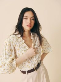 Reformation Tansy Top in Adagio – floral balloon sleeved shirts – womens collared button down tops