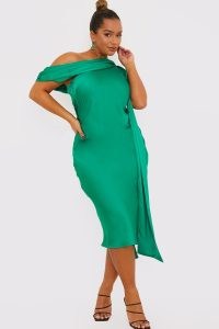 TERRIE MCEVOY GREEN SATIN ASYMMETRIC NECKLINE MIDI DRESS ~ silky drape detail one shoulder dresses ~ womens slinky evening fashion ~ going out clothes