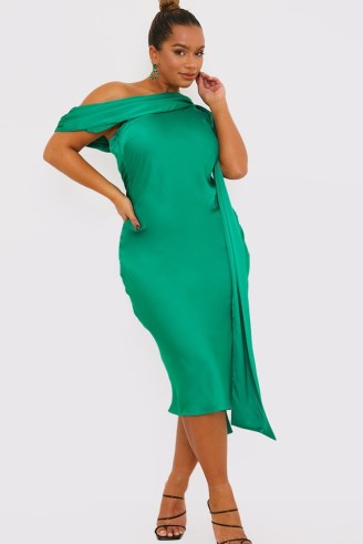 TERRIE MCEVOY GREEN SATIN ASYMMETRIC NECKLINE MIDI DRESS ~ silky drape detail one shoulder dresses ~ womens slinky evening fashion ~ going out clothes
