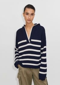 ME and EM Textured Cotton Boxy Breton Hoody in Navy/Soft White | women’s knitted blue and white striped hoodies | women knitwear