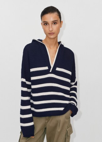 ME and EM Textured Cotton Boxy Breton Hoody in Navy/Soft White | women’s knitted blue and white striped hoodies | women knitwear - flipped