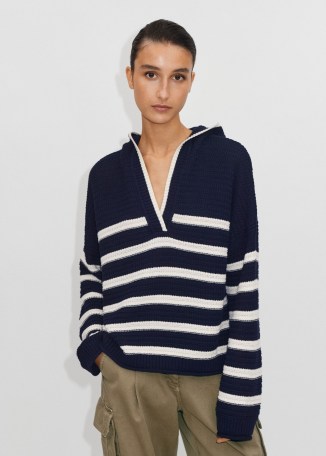 ME and EM Textured Cotton Boxy Breton Hoody in Navy/Soft White | women’s knitted blue and white striped hoodies | women knitwear