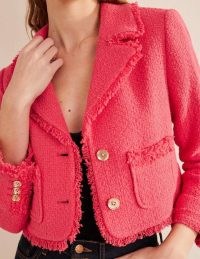 Boden Textured Fitted Cropped Jacket in Coral ~ women’s bright frayed edge tweed style jackets ~ womens crop hem outerwear ~ fringe trim