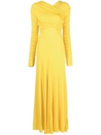 TOVE gathered-detailing long-sleeve gown in yellow – ruched gowns – women’s occasion maxi dresses – womens designer evening event clothing