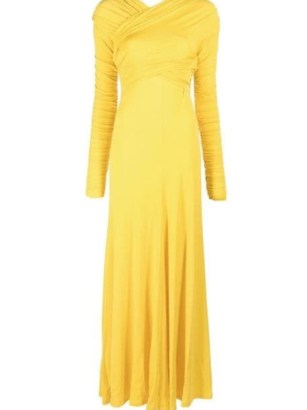 TOVE gathered-detailing long-sleeve gown in yellow – ruched gowns – women’s occasion maxi dresses – womens designer evening event clothing - flipped