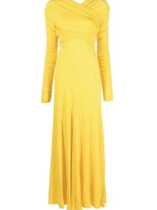 TOVE gathered-detailing long-sleeve gown in yellow – ruched gowns – women’s occasion maxi dresses – womens designer evening event clothing