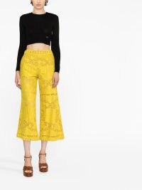 Valentino cropped pointelle lace trousers in yellow – women’s designer fashion – wide crop leg – womens logo fashion