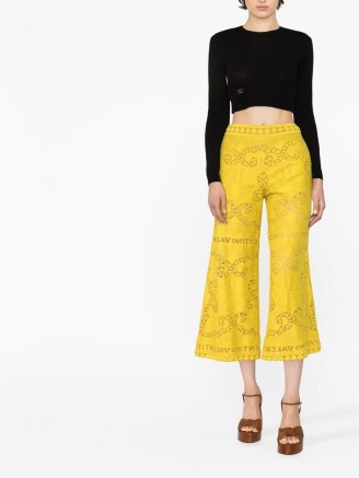 Valentino cropped pointelle lace trousers in yellow – women’s designer fashion – wide crop leg – womens logo fashion - flipped