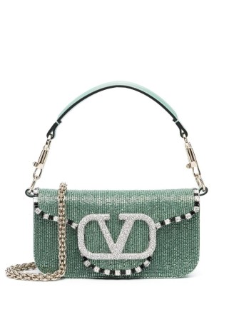 Valentino Garavani Locò crystal-embellished small shoulder bag in mint green – small luxe handbag – occasion bags covered in crystals – 90s style evening glamour – designer mini handbags – women’s luxury accessories - flipped