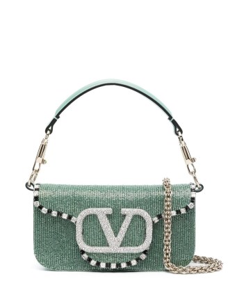 Valentino Garavani Locò crystal-embellished small shoulder bag in mint green – small luxe handbag – occasion bags covered in crystals – 90s style evening glamour – designer mini handbags – women’s luxury accessories