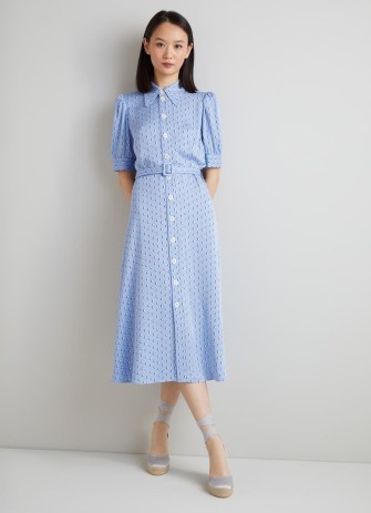 L.K. BENNETT Valerie Blue and Cream Graphic Diamond Print Shirt Dress ~ womens retro clothing ~ vintage inspired dresses - flipped