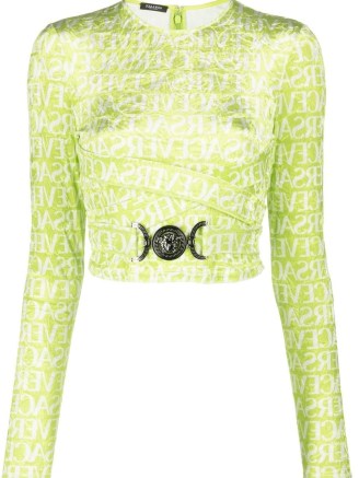 Versace logo-print cut-out crop top in lime green/white ~ women’s citrus coloured fashion ~ luxury long sleeve crop tops ~ cropped fashion ~ women’s designer clothes - flipped