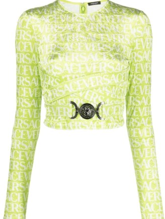 Versace logo-print cut-out crop top in lime green/white ~ women’s citrus coloured fashion ~ luxury long sleeve crop tops ~ cropped fashion ~ women’s designer clothes