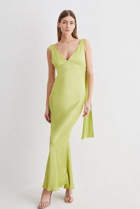 KAREN MILLEN Viscose Satin V Neck Draped Back Midi Dress in Lime ~ silky citrus green occasion dresses ~ vintage style evening fashion ~ cut out back with twist detail ~ alluring drape details - flipped