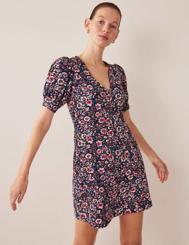 Boden V-Neck Jersey Mini Dress French Navy, Eden Bloom – floral puff sleeve dresses – women’s clothes with puffed sleeves - flipped