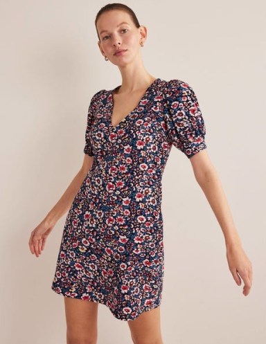 Boden V-Neck Jersey Mini Dress French Navy, Eden Bloom – floral puff sleeve dresses – women’s clothes with puffed sleeves