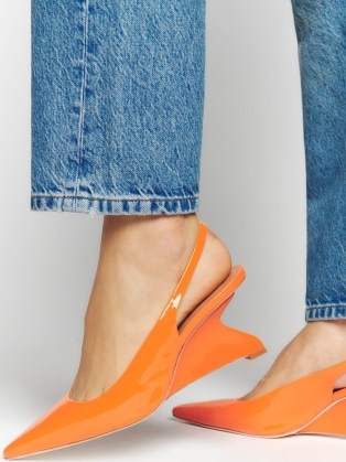 Reformation Westlyn Closed Toe Wedge in Orange | patent slingback wedges | glossy leather wedged heels | citrus coloured slingbacks | sculpted heel - flipped