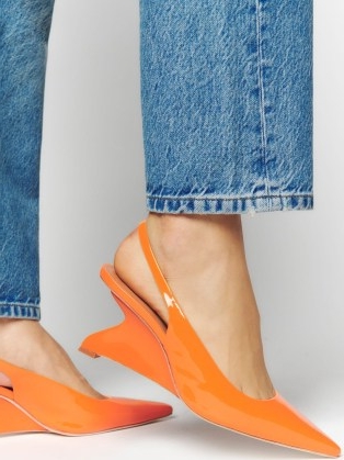 Reformation Westlyn Closed Toe Wedge in Orange | patent slingback wedges | glossy leather wedged heels | citrus coloured slingbacks | sculpted heel