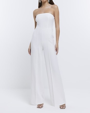 RIVER ISLAND WHITE BARDOT JUMPSUIT ~ women’s strapless jumpsuits ~ womens evening all-in-one clothes ~ party fashion - flipped