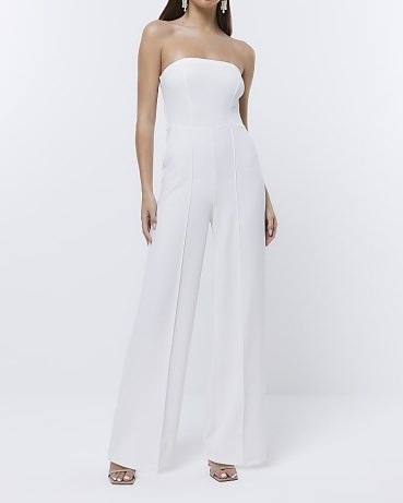 RIVER ISLAND WHITE BARDOT JUMPSUIT ~ women’s strapless jumpsuits ~ womens evening all-in-one clothes ~ party fashion