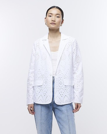RIVER ISLAND WHITE BRODERIE BLAZER ~ women’s cotton blazers ~ womens loose fit single breasted jackets - flipped