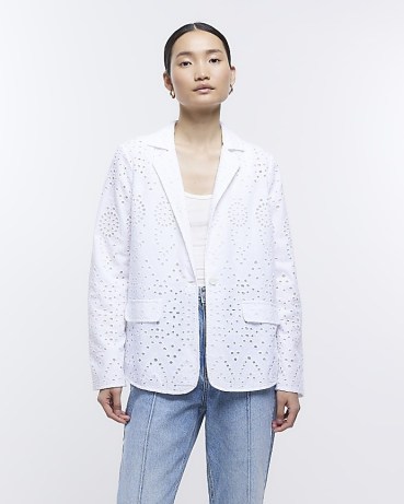 RIVER ISLAND WHITE BRODERIE BLAZER ~ women’s cotton blazers ~ womens loose fit single breasted jackets