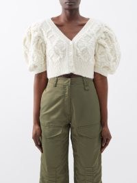 SIMONE ROCHA Cropped cable-knit alpaca-blend cardigan in ivory | puff sleeve crop hem cardigans | women’s feminine knitwear | puffed sleeves | women’s luxury clothing