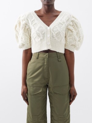 SIMONE ROCHA Cropped cable-knit alpaca-blend cardigan in ivory | puff sleeve crop hem cardigans | women’s feminine knitwear | puffed sleeves | women’s luxury clothing