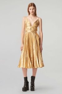 Altuzarra WINDA DRESS in Gold | strappy plunge front fit and flare dresses | women’s luxury clothes | luxe metallic occasion fashion