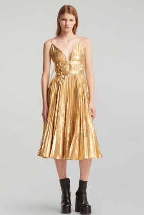 Altuzarra WINDA DRESS in Gold | strappy plunge front fit and flare dresses | women’s luxury clothes | luxe metallic occasion fashion - flipped