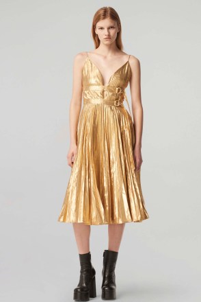 Altuzarra WINDA DRESS in Gold | strappy plunge front fit and flare dresses | women’s luxury clothes | luxe metallic occasion fashion